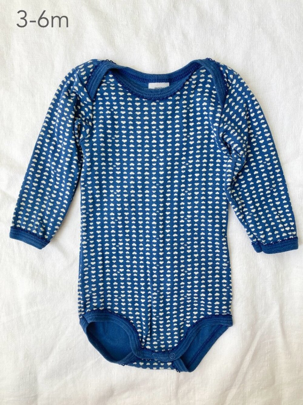 🪴5/$30 Petit Bateau 3-6 Months Baby Blue White Hearts Long Sleeve Bodysuit Top